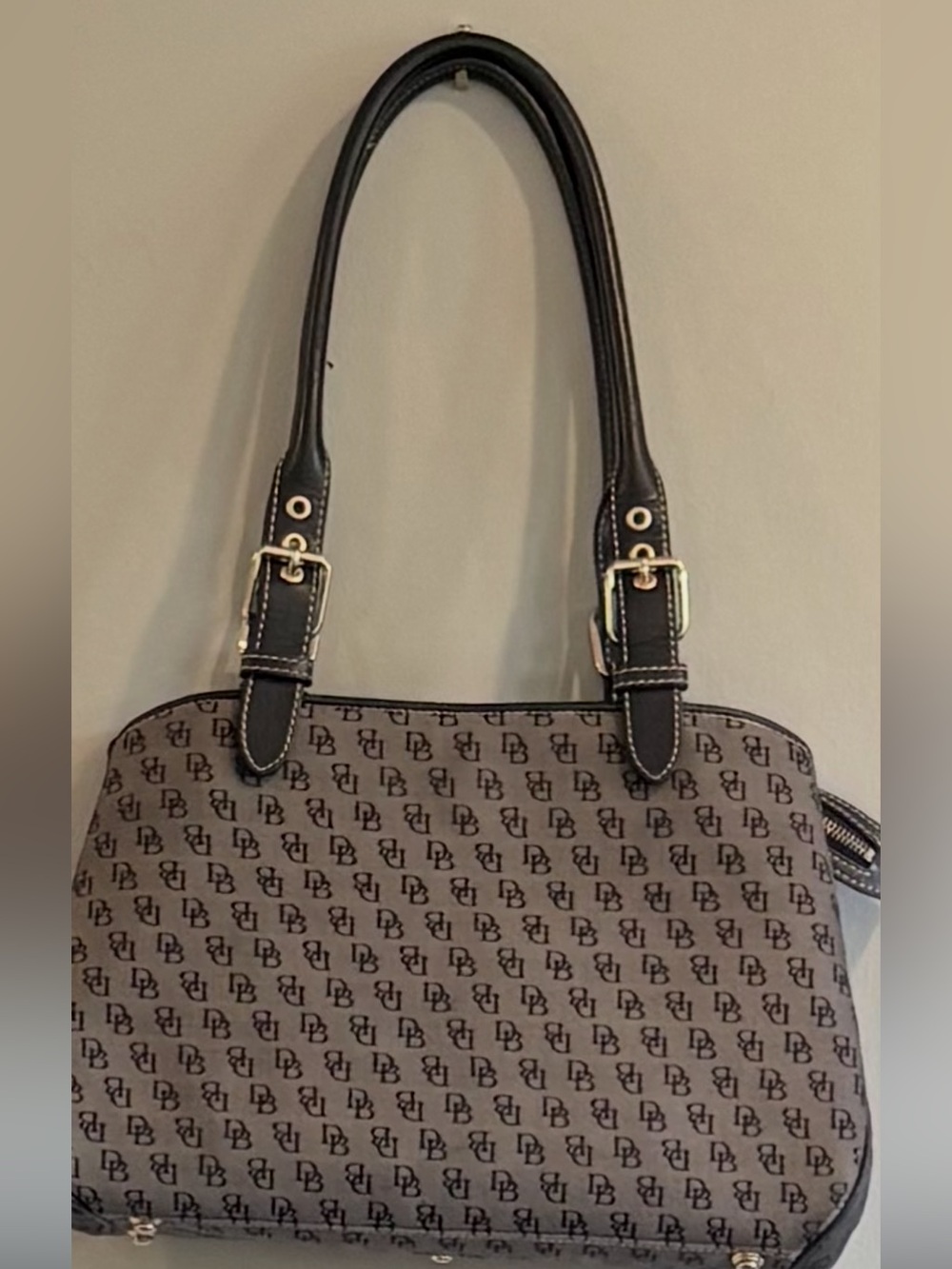 Dooney and Bourke Monogram Buckle Satchel Tan & Black
